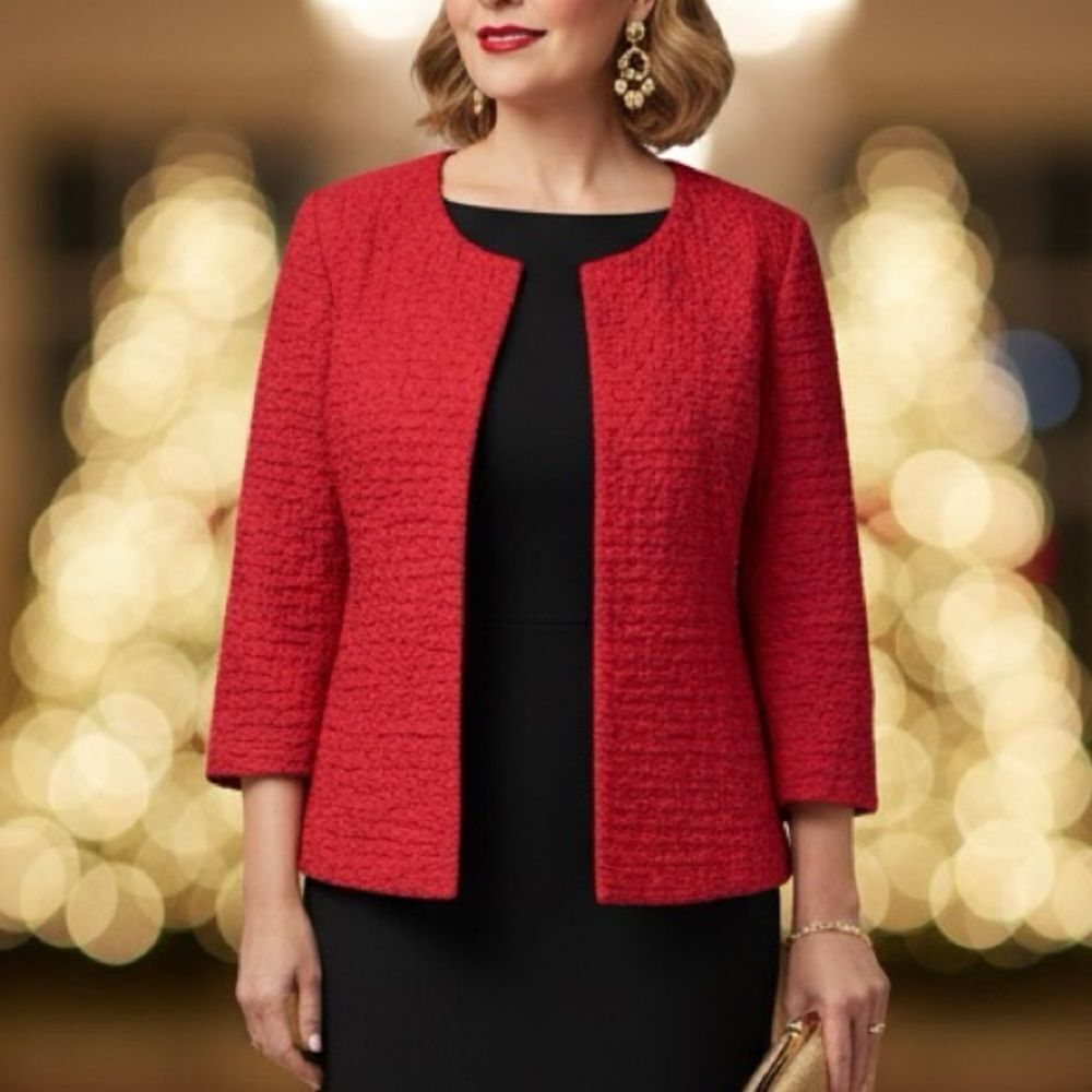 Chico’s Textured 3/4 Sleeve Red Holiday Day To Evening Travel Jacket 0 4 Small